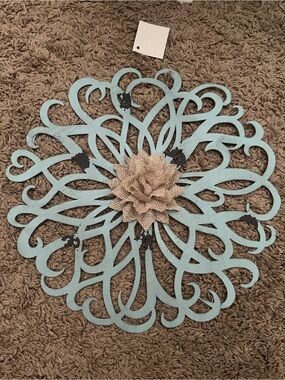 Decorative Turquoise Metal Wall Medallion with Burlap Flower